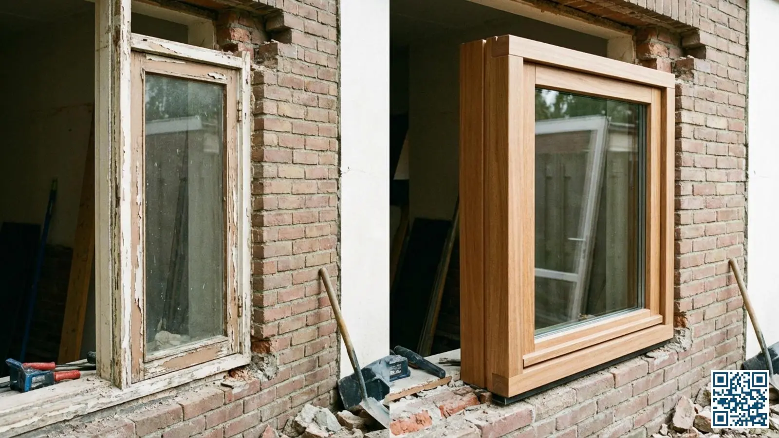 Vergelijking tussen een origineel smal kozijn voor enkelglas en een nieuw breder kozijn met HR-glas