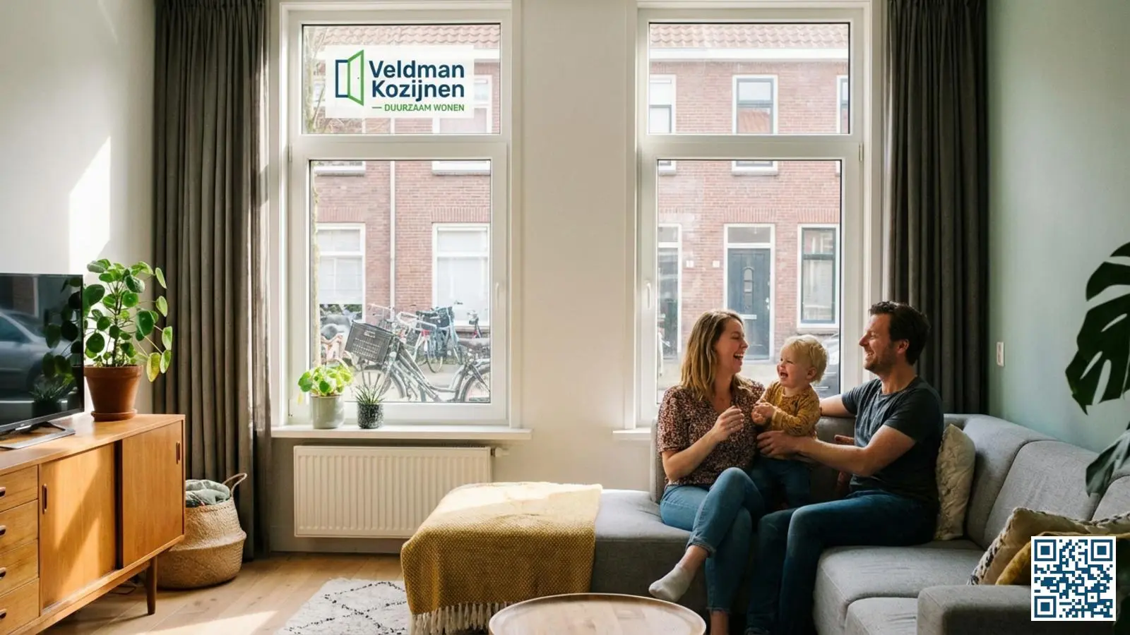 Nederlands gezin geniet van hun woonkamer met nieuw geplaatste HR-glas ramen en veel daglicht