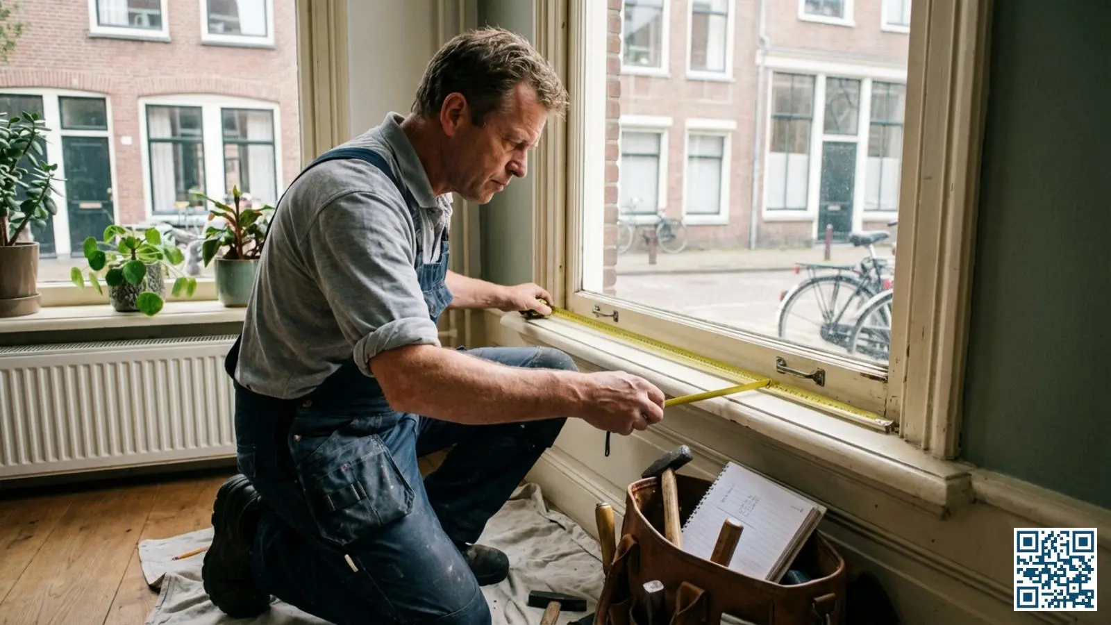 Professionele glaszetter die zorgvuldig een kozijn inmeet met een meetlint in een Nederlandse woning