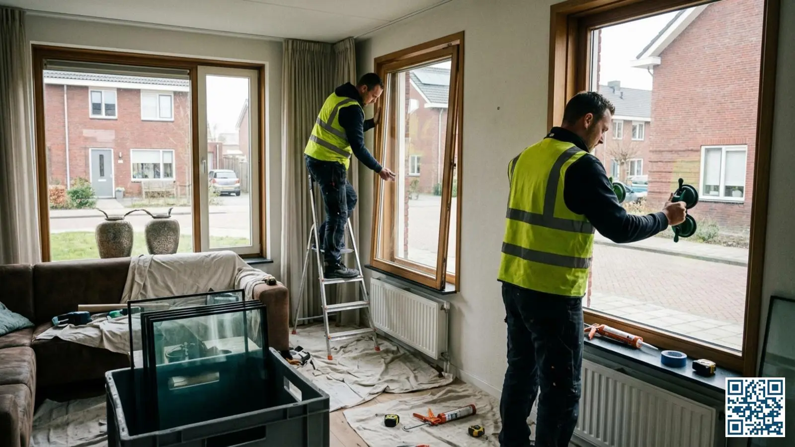 Team glaszetters werkt efficiënt aan meerdere ramen tegelijk tijdens een heel-huisproject