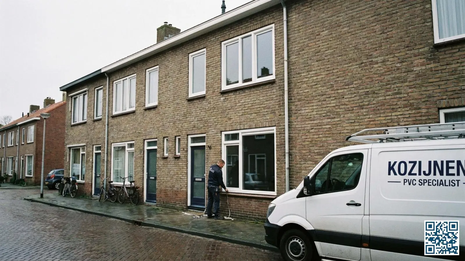 Rijtjeshuis met nieuw geplaatste witte kunststof kozijnen met HR-glas aan de voorgevel