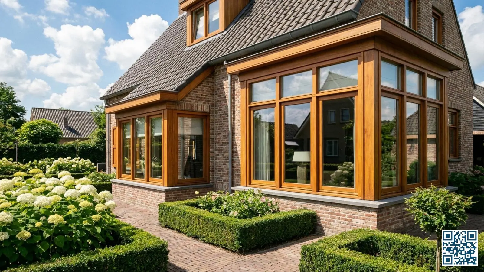 Vrijstaande woning met nieuwe hardhouten kozijnen en HR-glas in een zonnige Nederlandse tuin