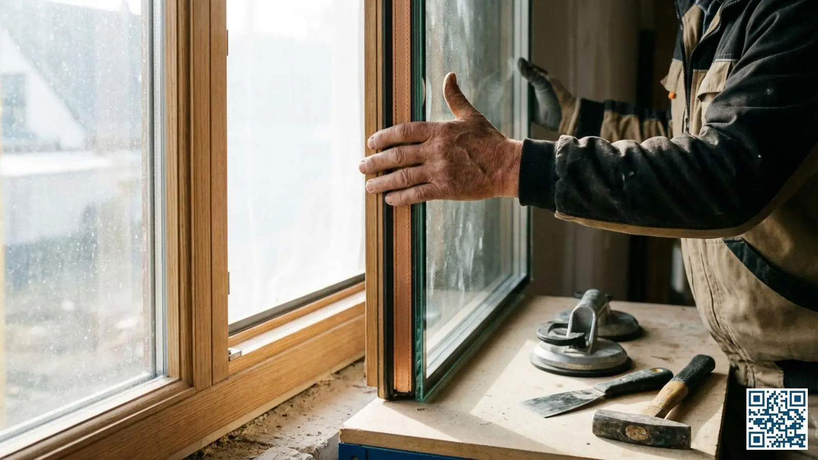 Close-up van handen van een glaszetter die een isolerende glasunit in een kozijn plaatst met zichtbare spacer