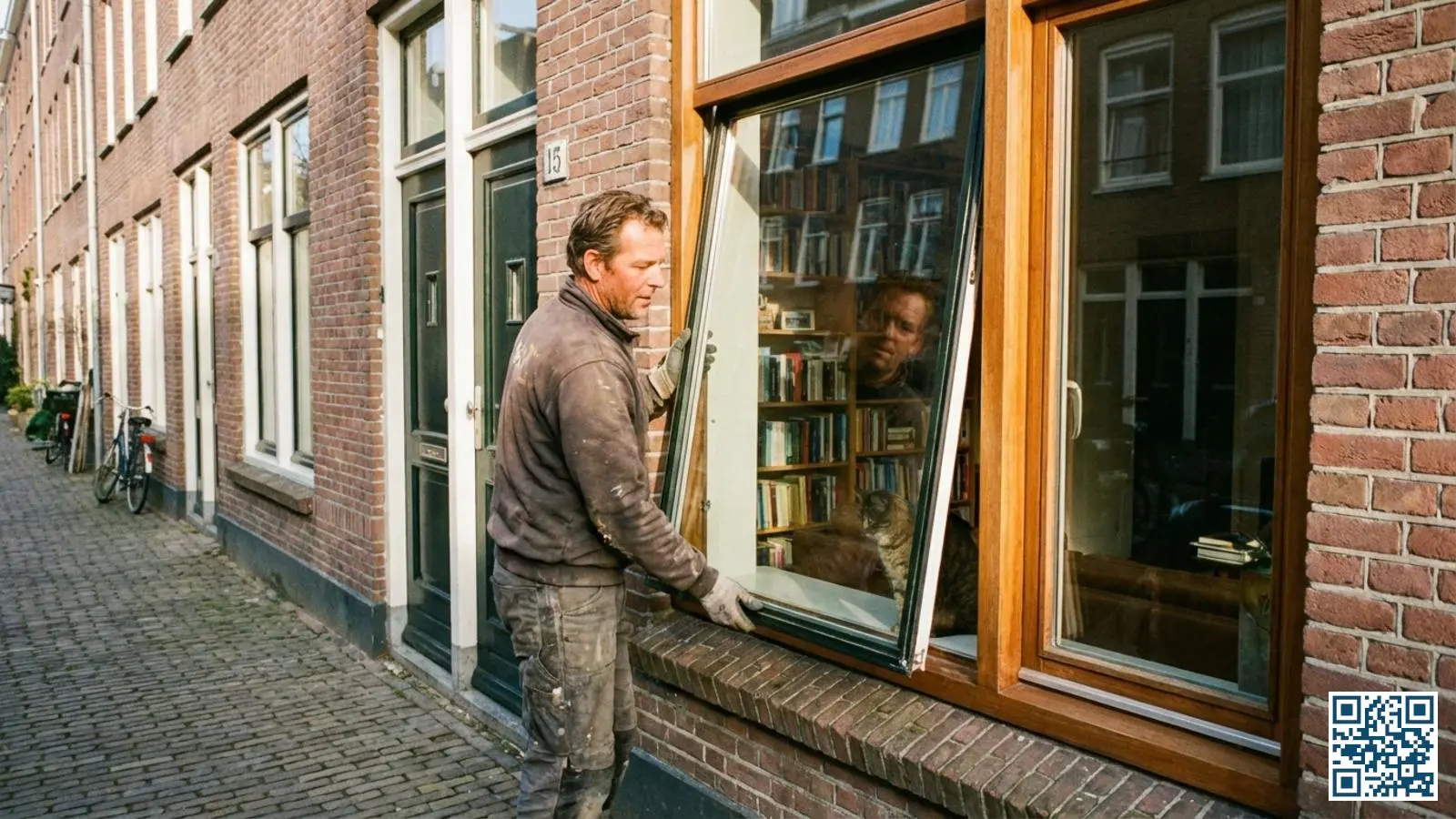 Glaszetter plaatst standaard HR-glas in houten kozijn van een Nederlandse rijtjeswoning op een zonnige dag