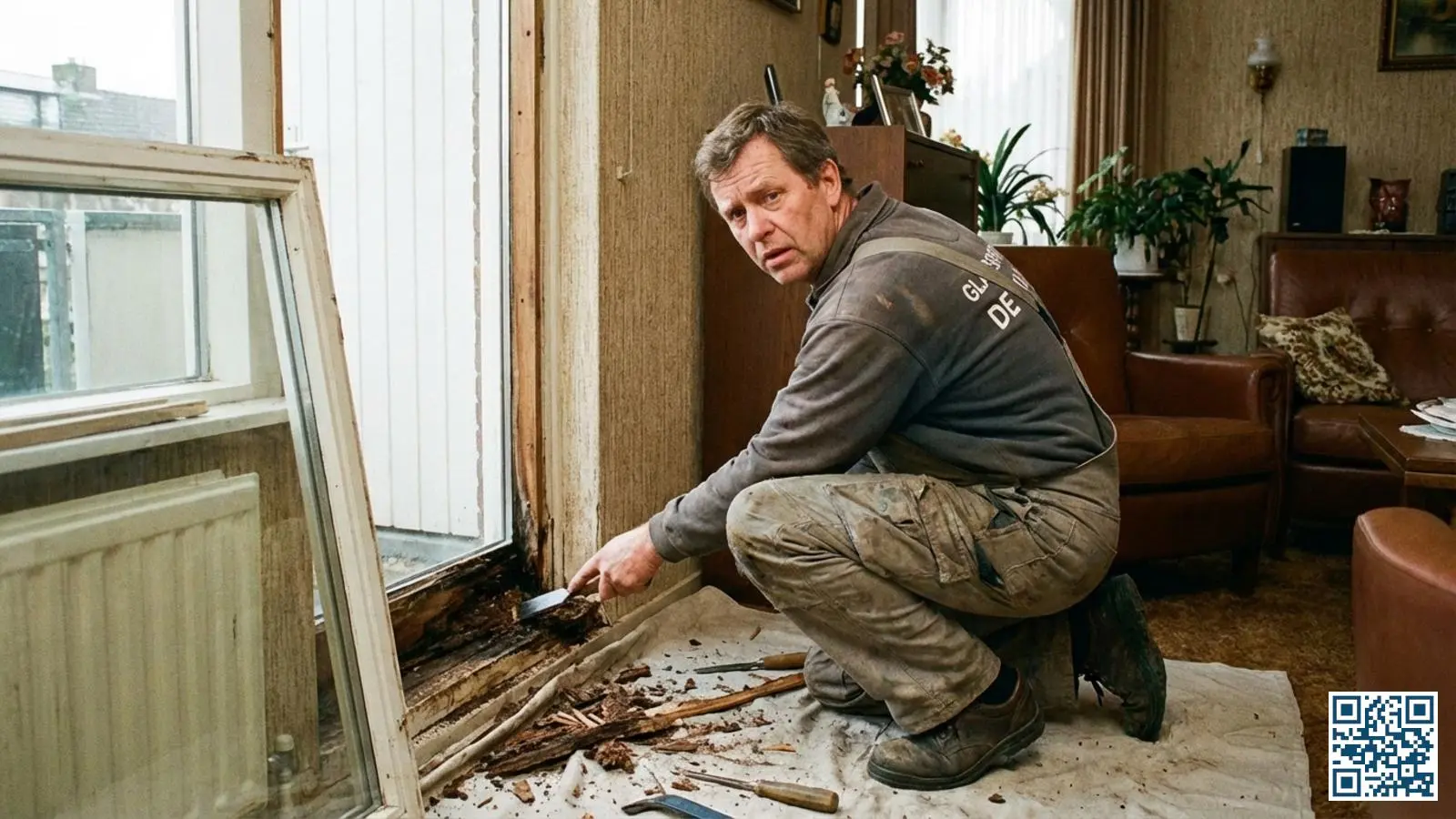 Glaszetter ontdekt houtrot in een houten kozijn tijdens het vervangen van glas in een Nederlandse woning