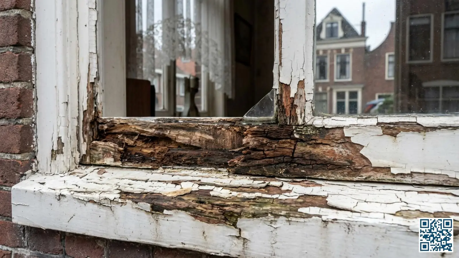 Close-up van een oud wit geschilderd kozijn met zichtbare houtrot en afbladderende verf aan de onderzijde