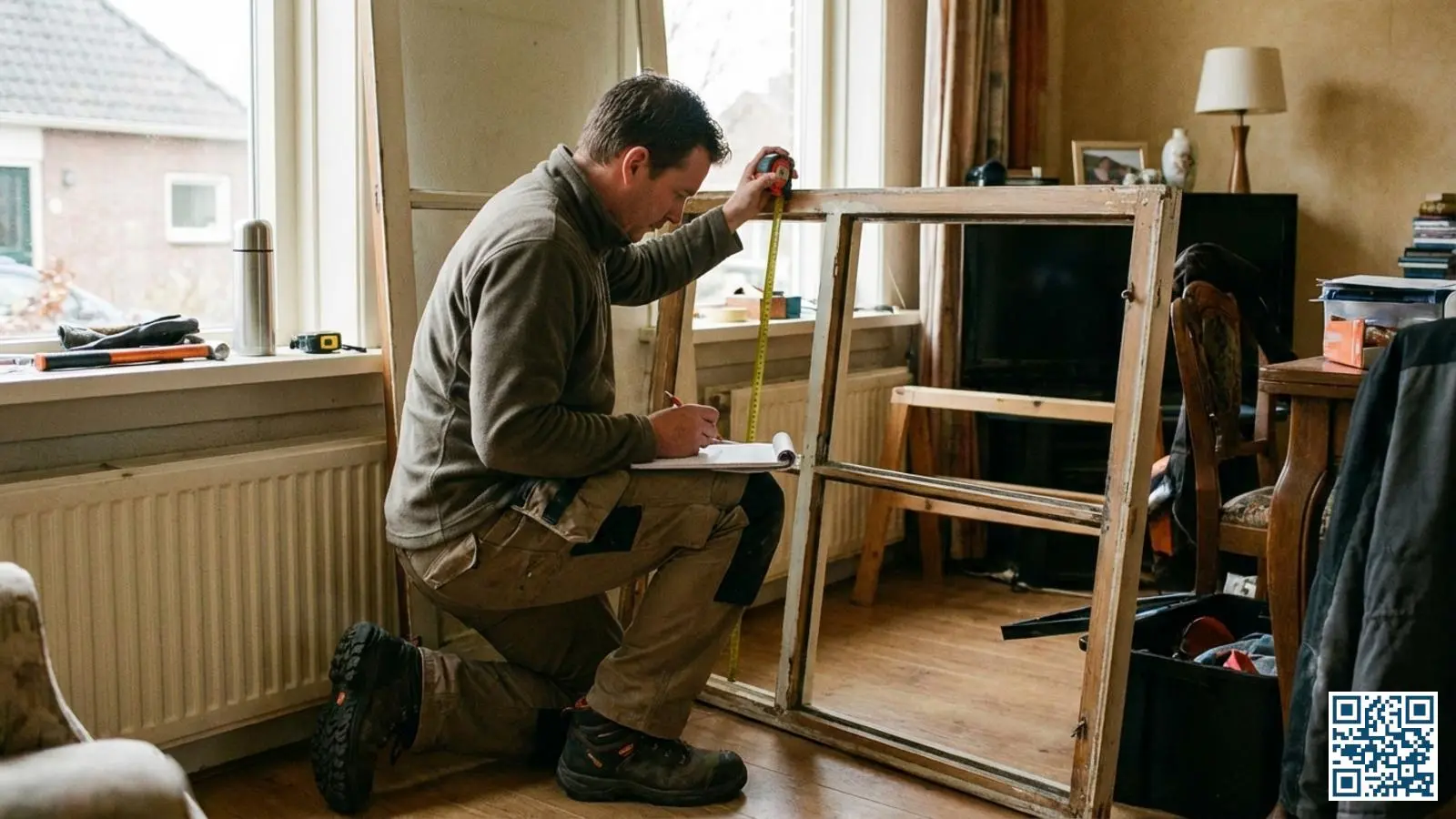 Glaszetter neemt nauwkeurig de maten op van een kozijn voor nieuw HR++ glas