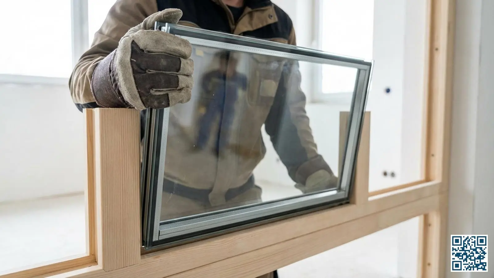 Close-up van HR+ glas unit die door een glaszetter in een houten kozijn wordt geplaatst