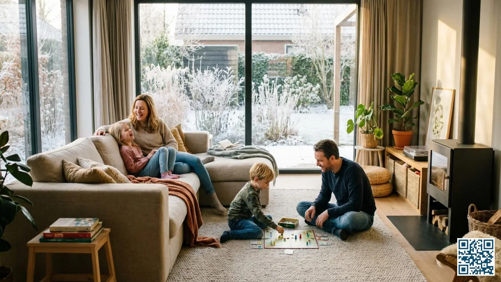 Gezin geniet van warmte en comfort in woonkamer met moderne HR-glas ramen op een koude winterdag