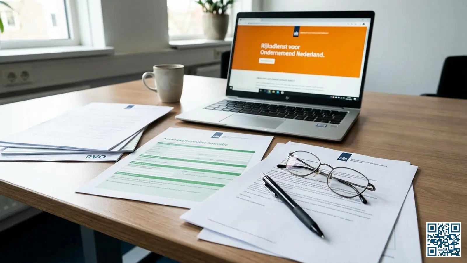 ISDE-subsidie aanvraagdocumenten en formulieren op een bureau met laptop op de achtergrond