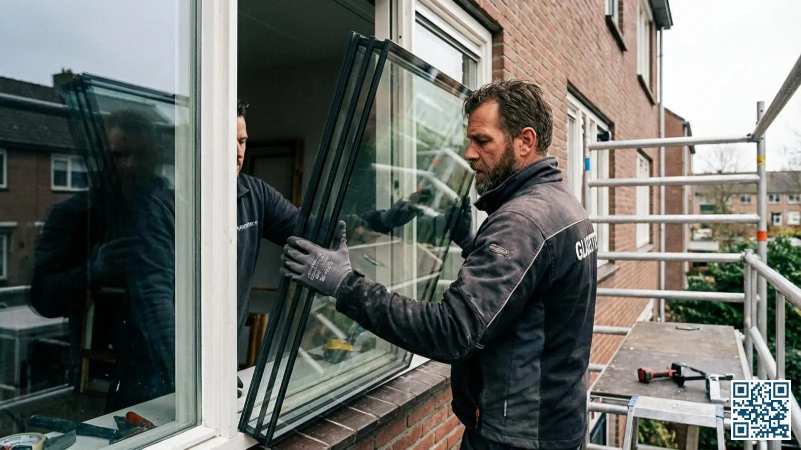 Glaszetter draagt zware triple glas unit met zichtbare drie glasbladen bij een Nederlandse woning
