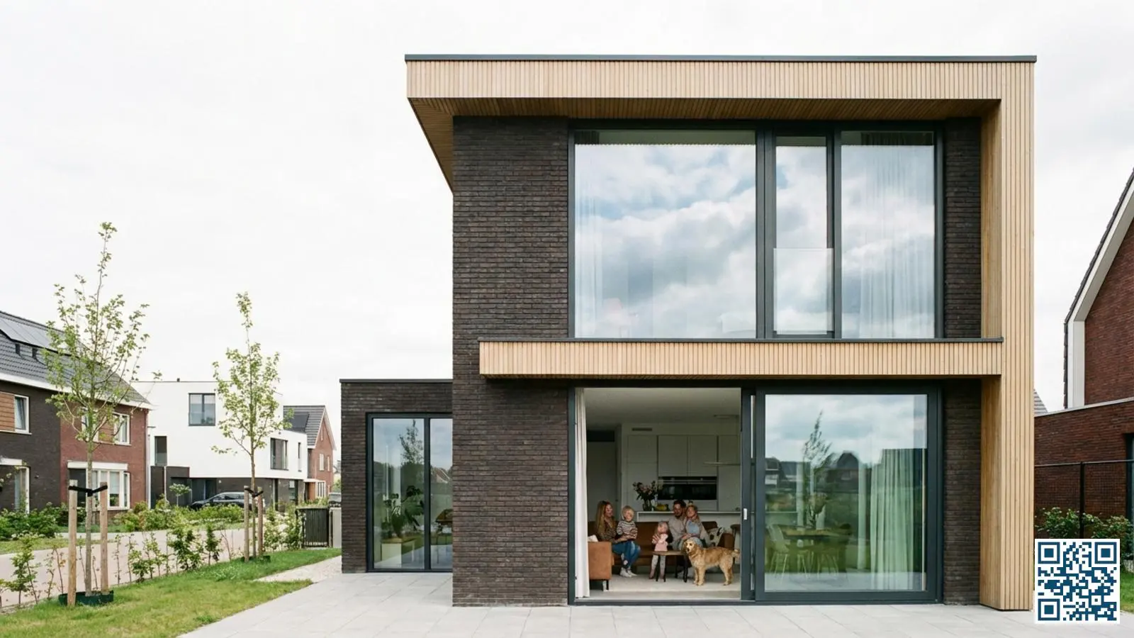 Moderne nieuwbouwwoning met grote triple glas ramen en schuifpuien in een Nederlandse woonwijk