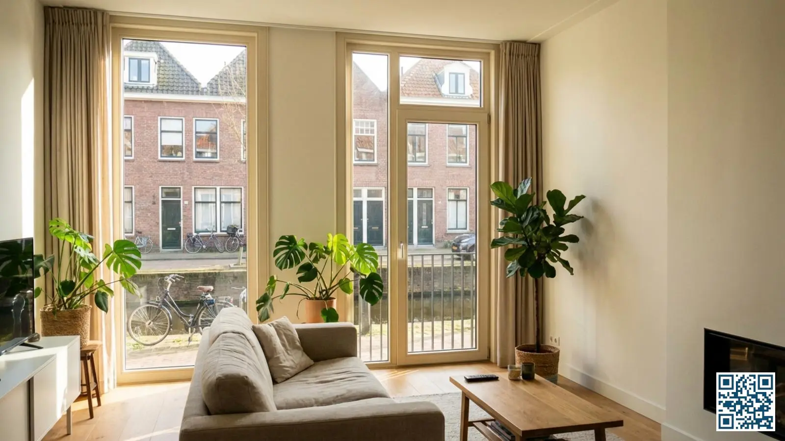 Lichte woonkamer met nieuw geplaatst HR-glas waar warm daglicht door de ramen naar binnen stroomt