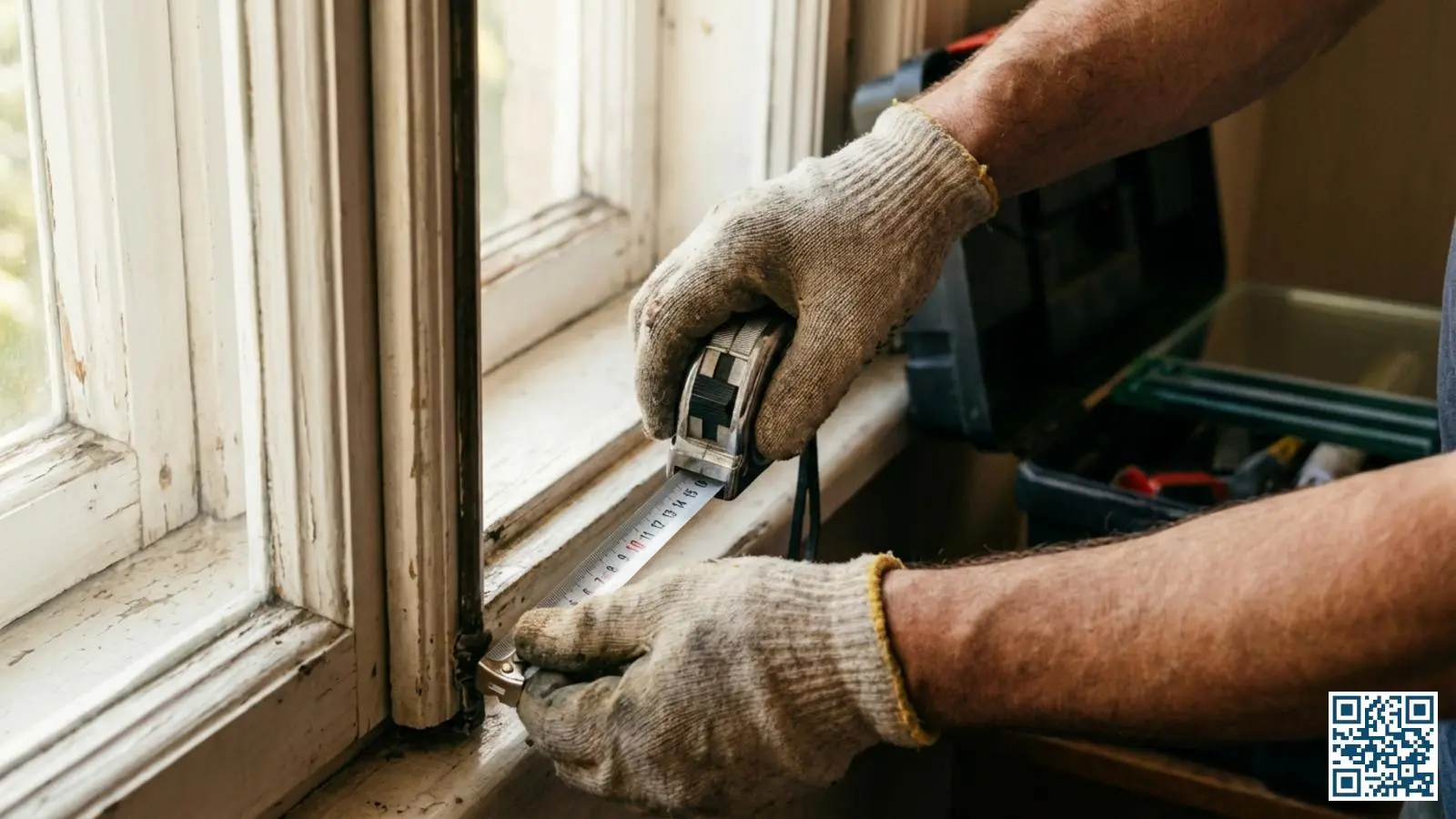 Glaszetter meet de sponningdiepte van een houten kozijn met een meetlint om geschiktheid voor HR-glas te bepalen