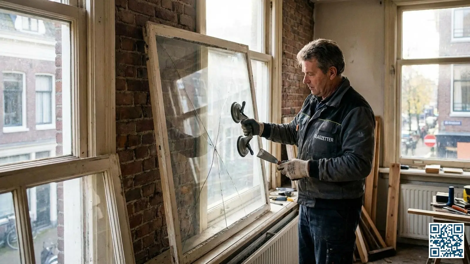 Glaszetter verwijdert voorzichtig een oude ruit uit een bestaand houten kozijn in een Nederlandse woning
