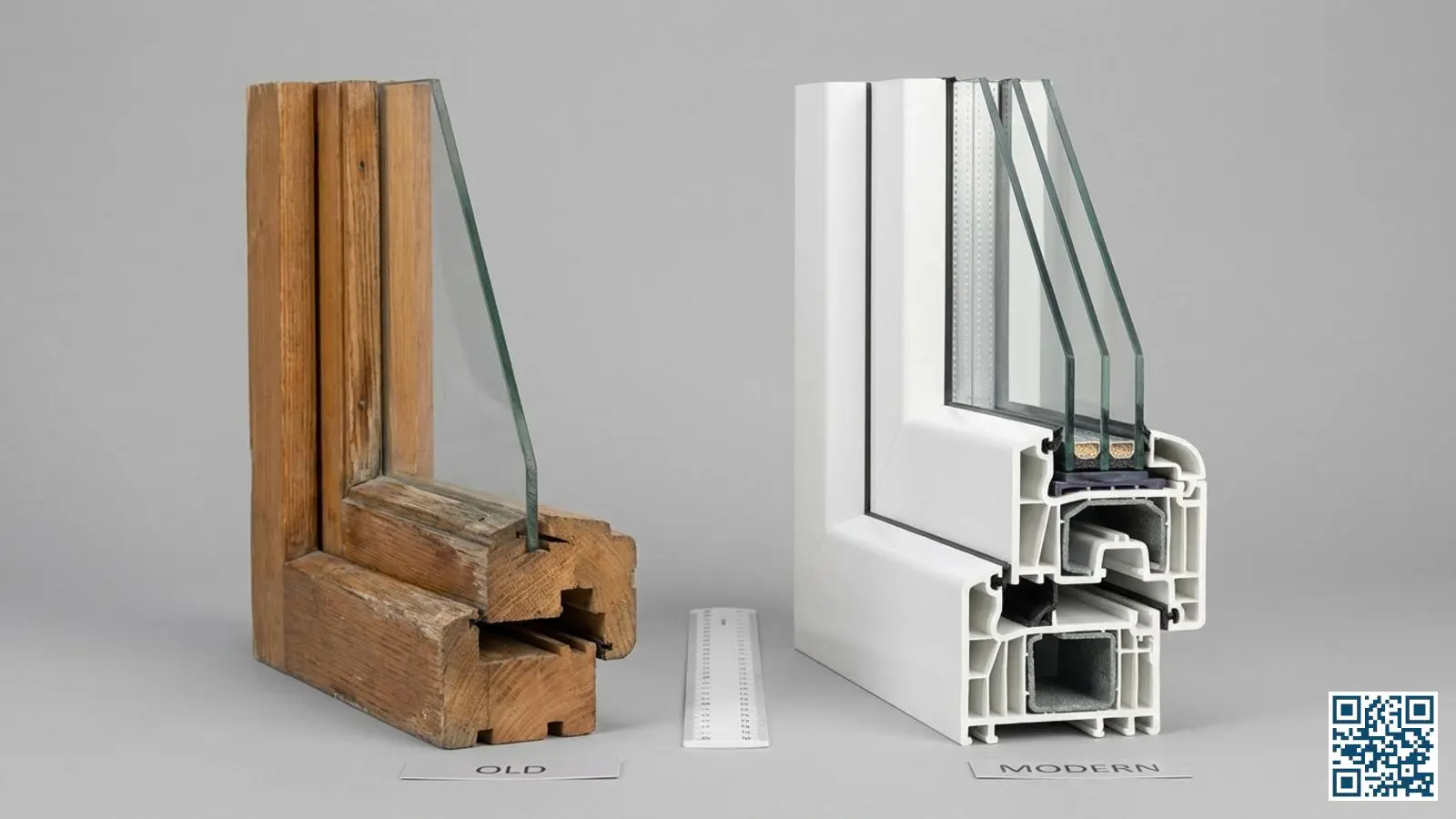 Doorsnede vergelijking tussen oud enkelkamerig kozijnprofiel en modern meerkamerig isolerend kozijnprofiel