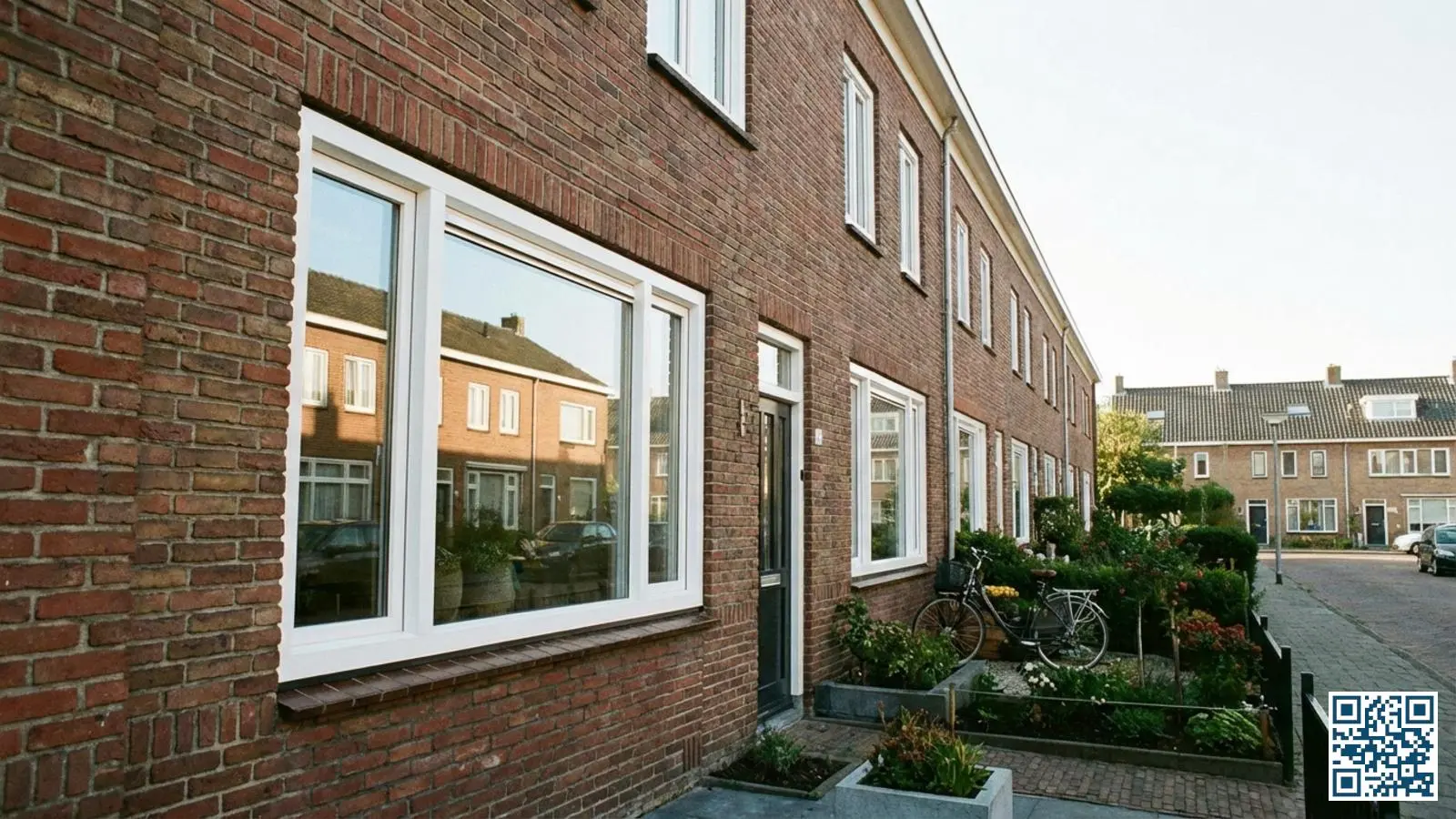 Nederlandse rijtjeswoning met nieuwe witte kunststof kozijnen en HR-glas die de moderne isolatie laten zien