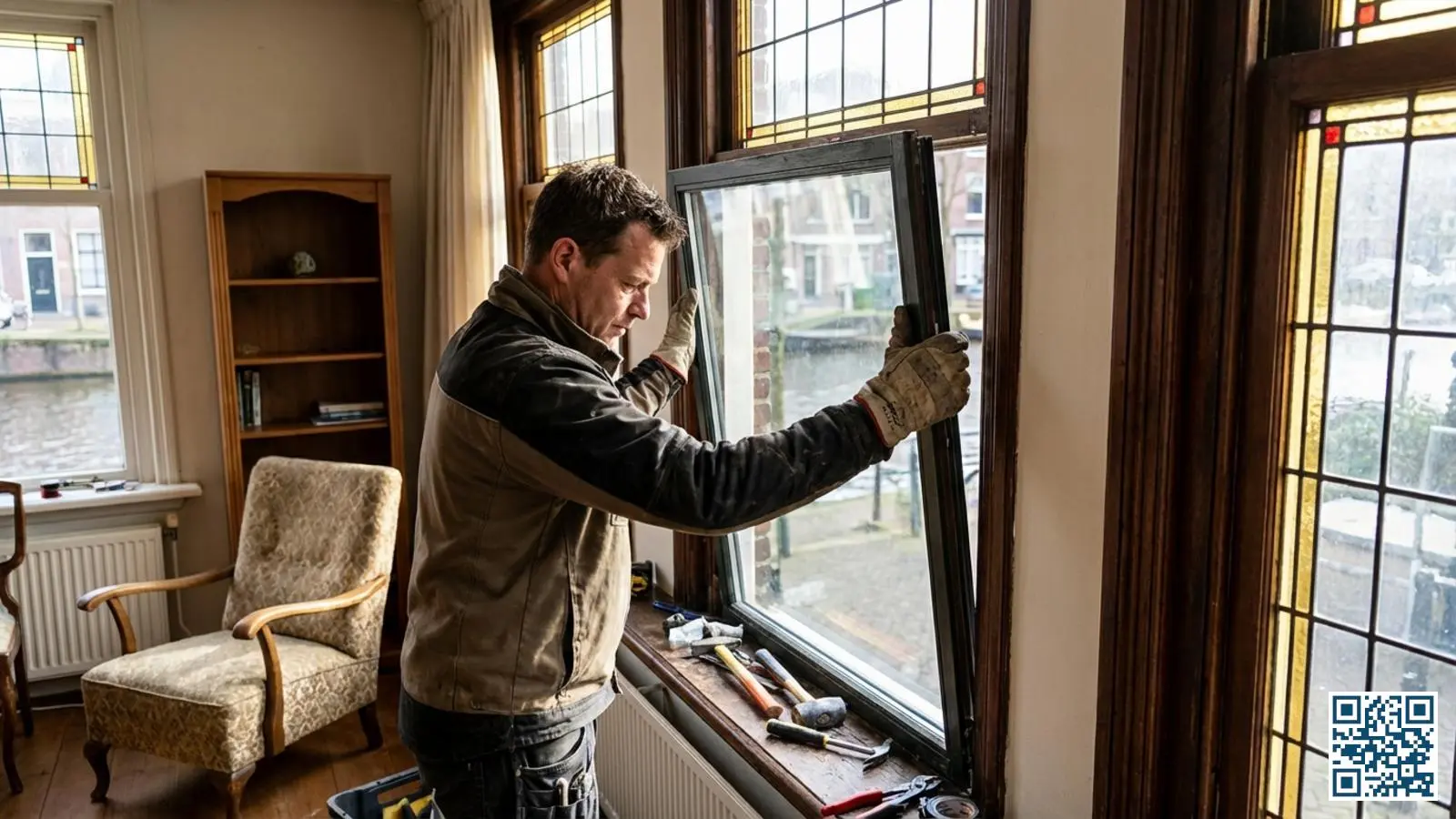 Glaszetter plaatst voorzichtig een nieuwe HR-glas unit in een bestaand houten kozijn in een Nederlandse woonkamer