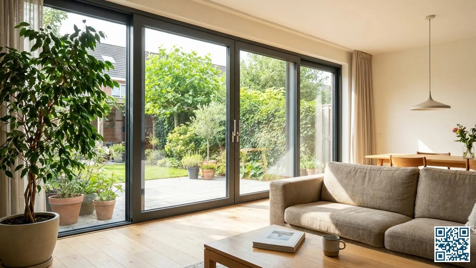 Ruime woonkamer met grote aluminium hefschuifpui en HR-glas die uitzicht biedt op de tuin