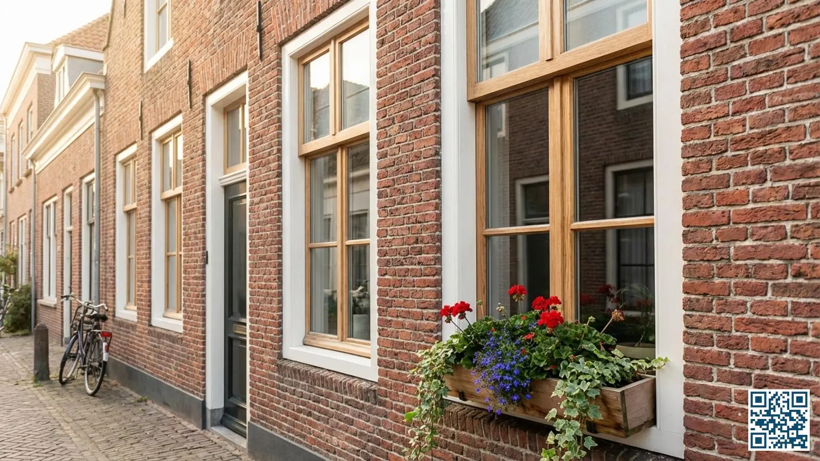 Nederlandse bakstenen woning met wit geschilderde houten kozijnen en modern HR-glas in de ramen