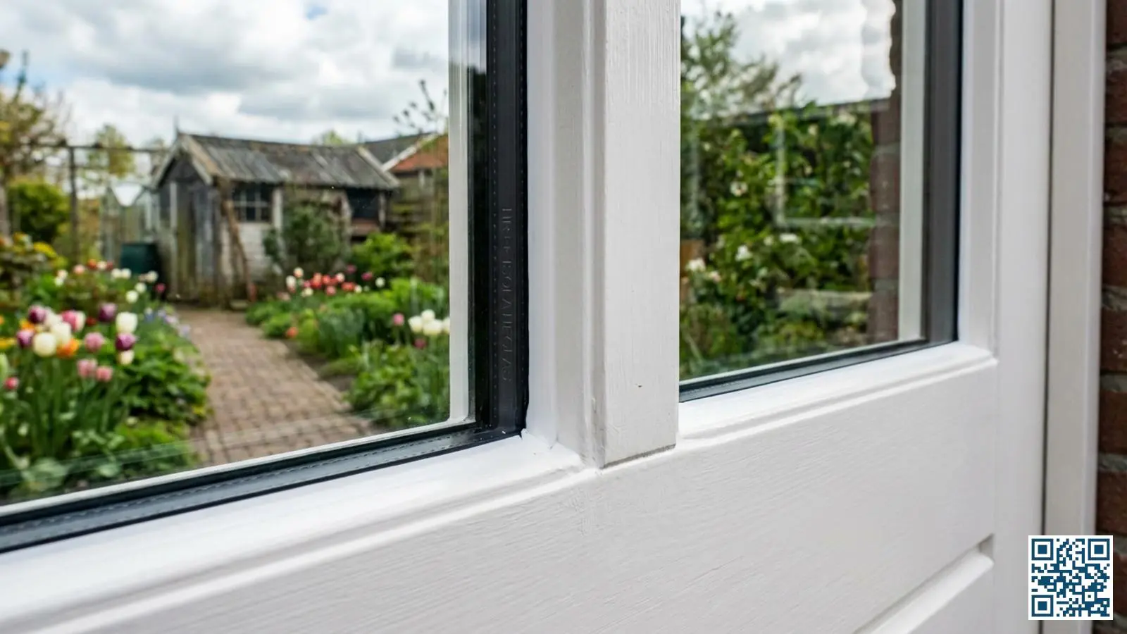 Close-up van nieuw HR++ glas geplaatst in een gerenoveerd en geschilderd houten kozijn met verse kitrand