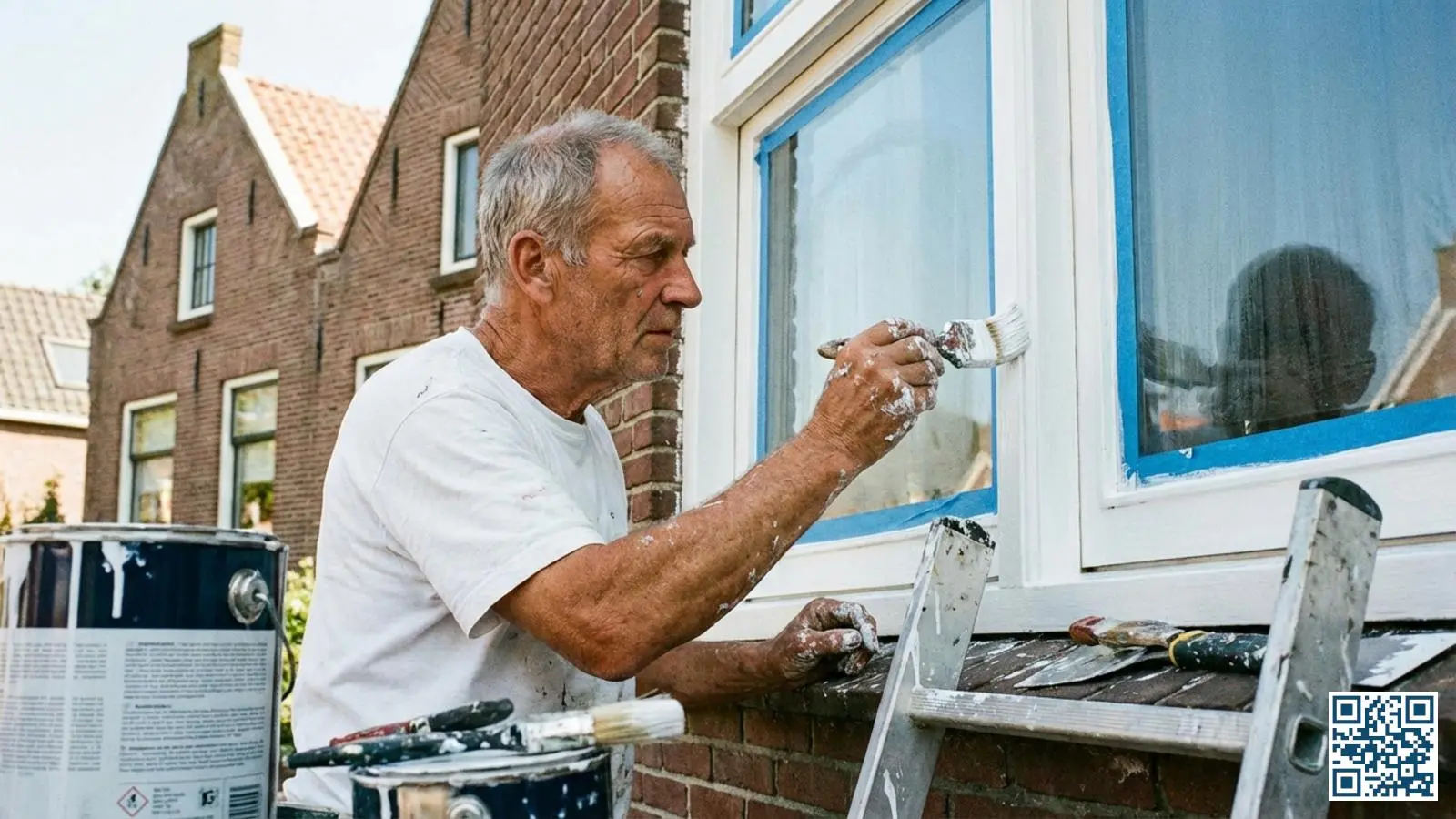 Schilder brengt zorgvuldig een nieuwe verflaag aan op een houten kozijn van een Nederlandse woning