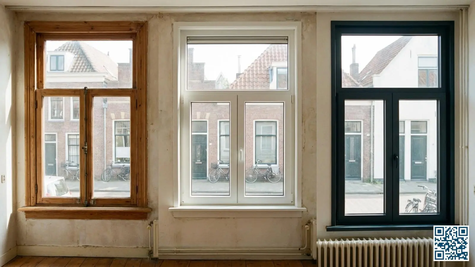 Drie kozijnmaterialen naast elkaar: houten kozijn, kunststof kozijn en aluminium kozijn met HR-glas