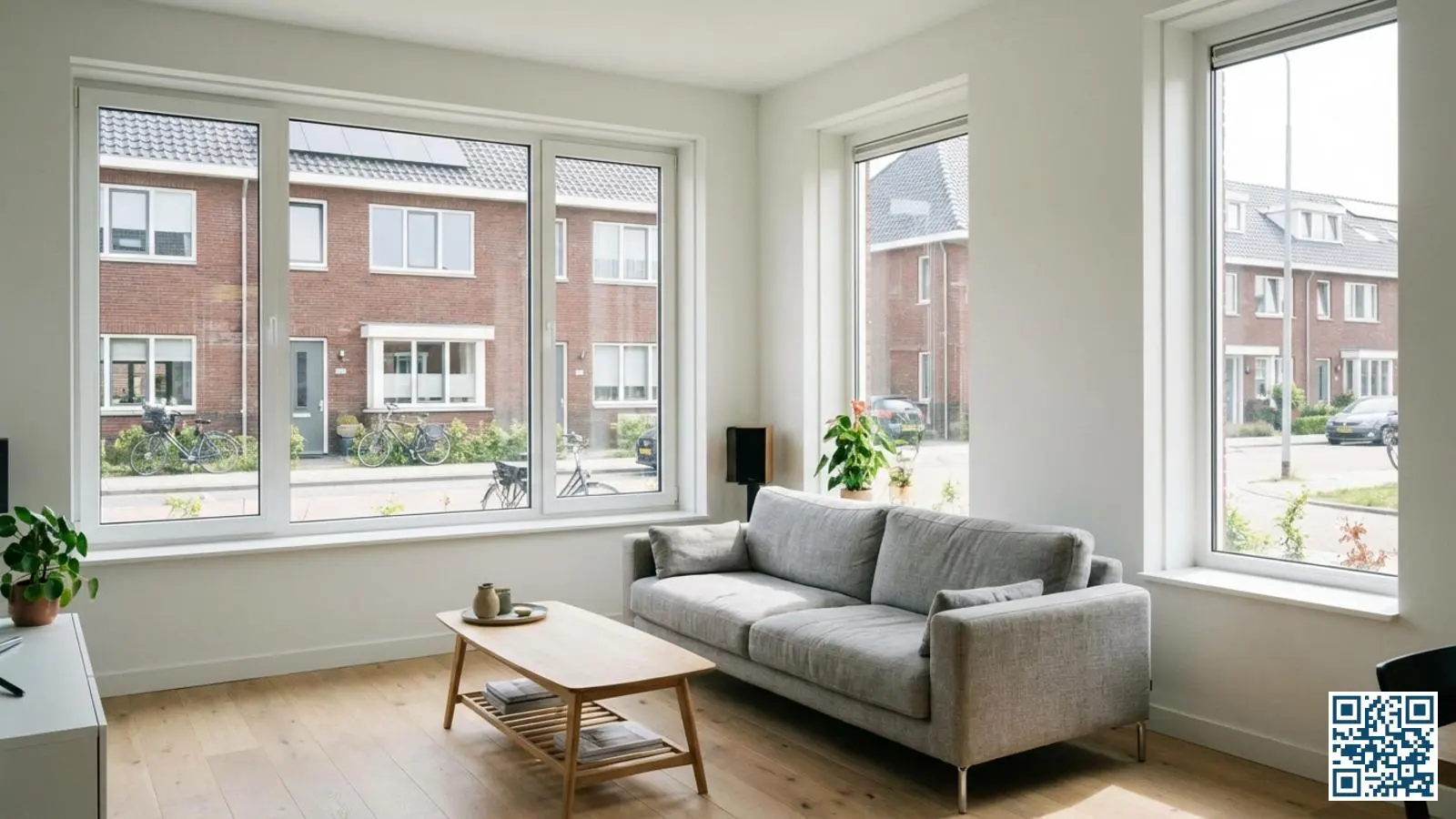 Moderne woonkamer met grote kunststof kozijnen en triple glas die veel daglicht binnenlaten