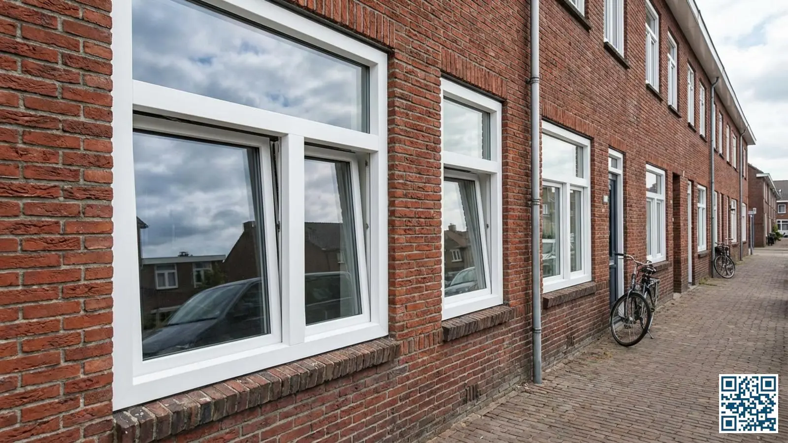 Witte kunststof kozijnen met HR-glas in de gevel van een Nederlands rijtjeshuis