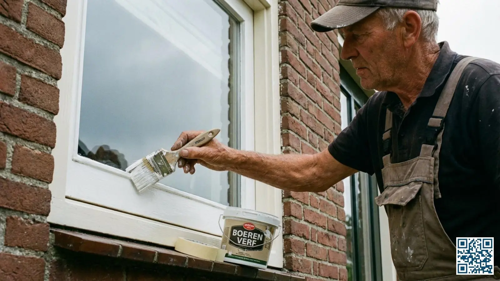 Vakman schildert een houten kozijn wit als onderhoud aan een Nederlandse woning