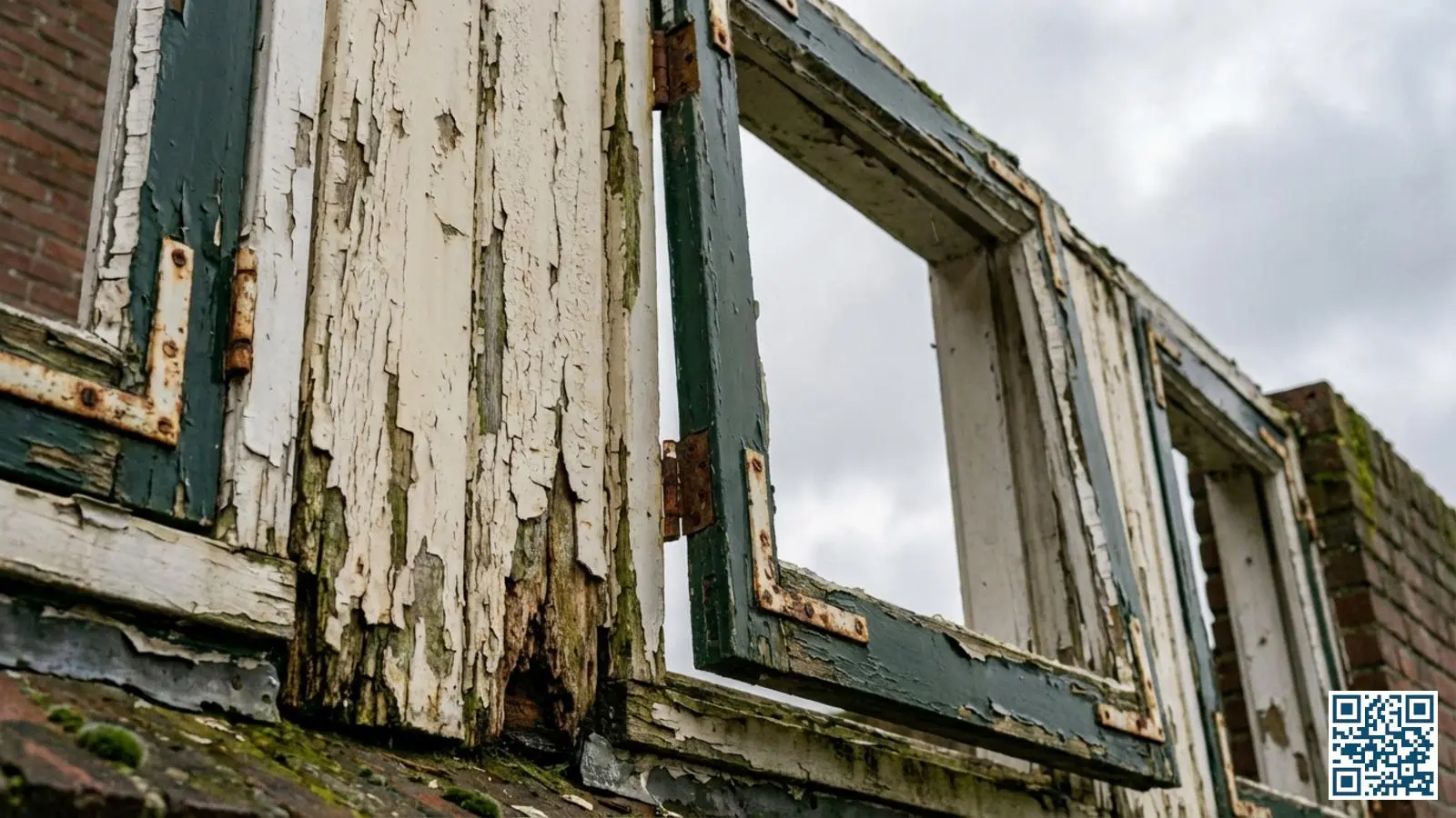 Verweerde houten kozijnen met afbladderende verf die klaar zijn voor vervanging