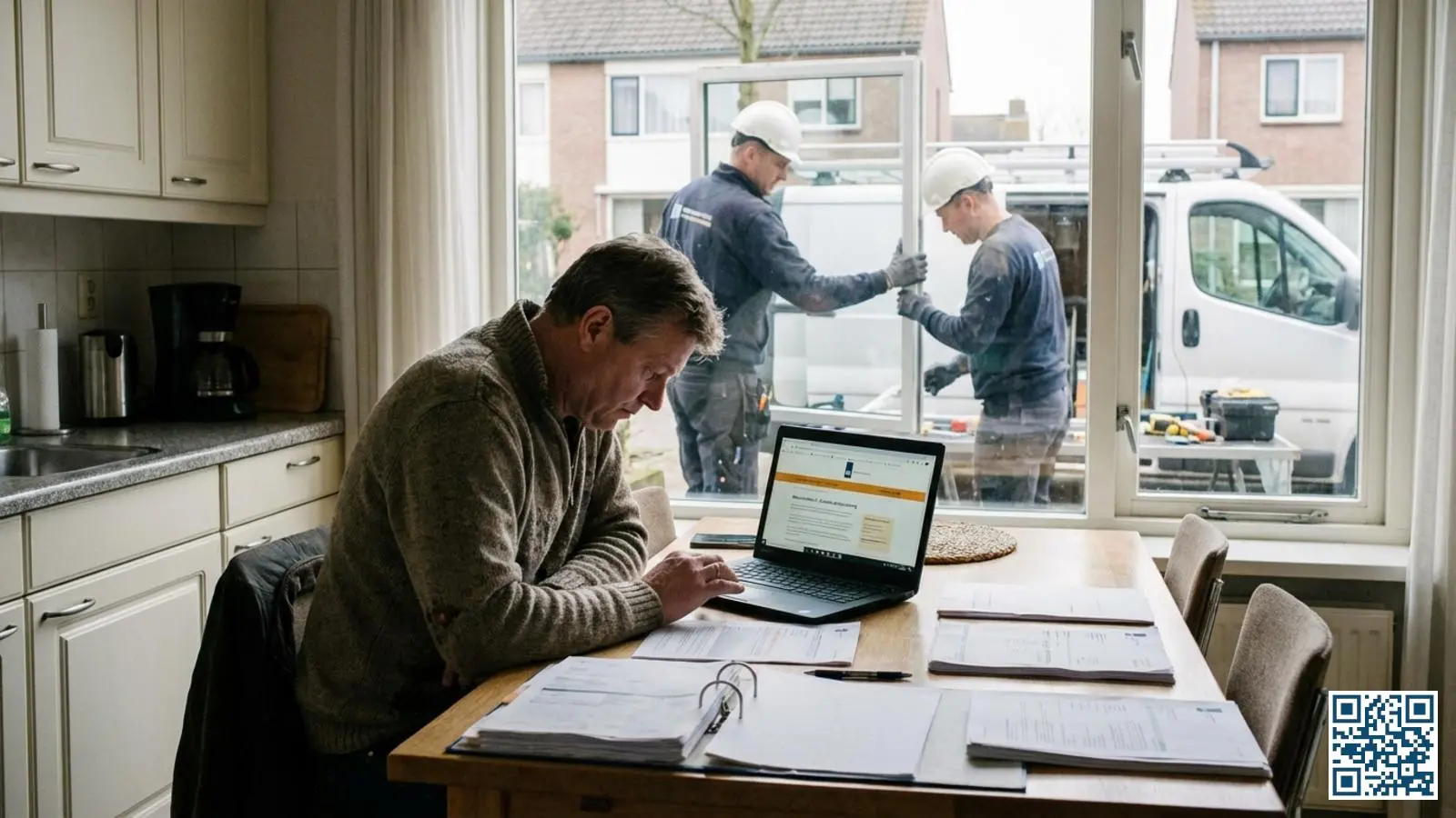 Woningeigenaar bekijkt subsidiedocumenten aan keukentafel terwijl nieuwe kozijnen worden geplaatst