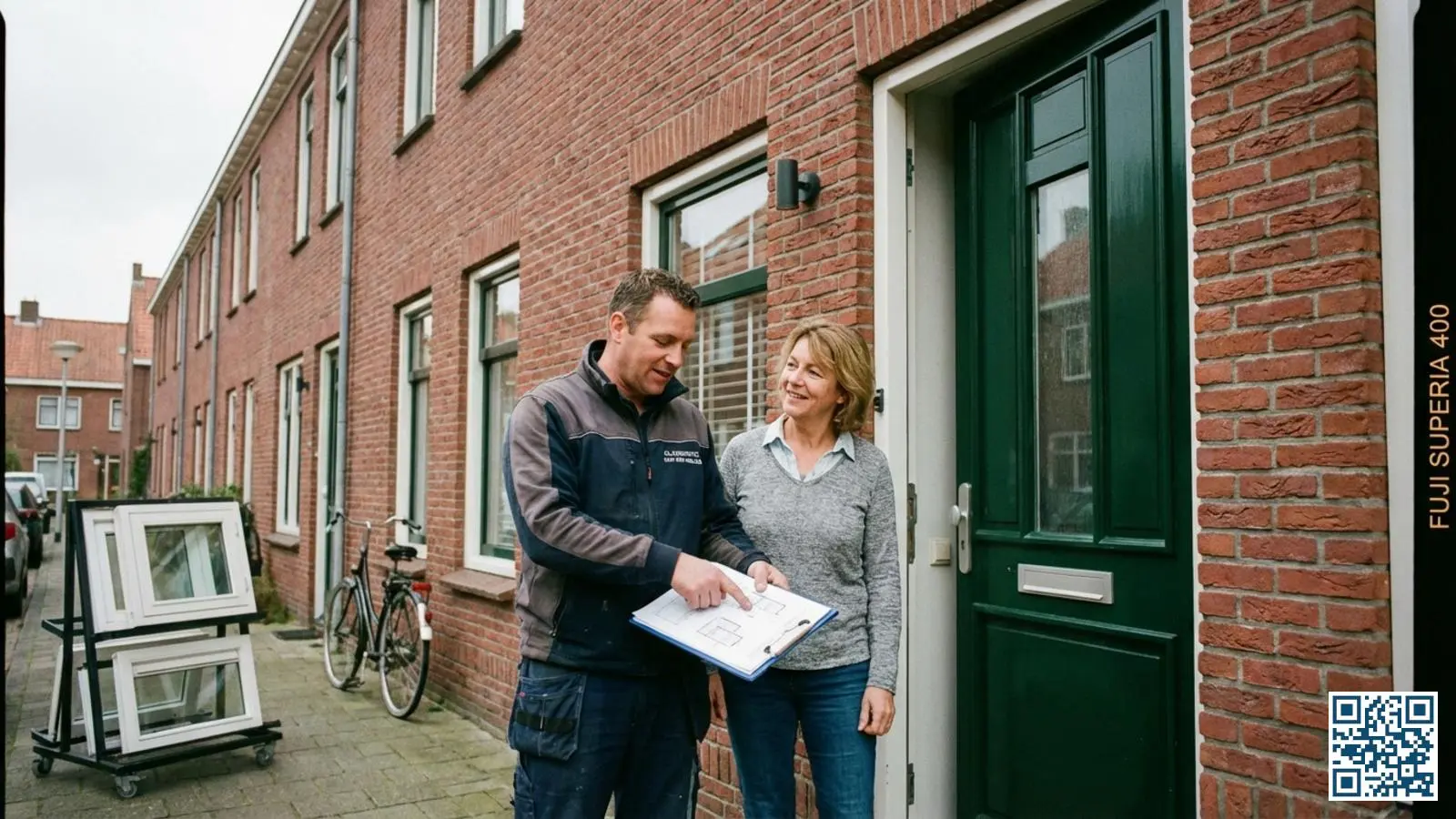 Glaszetter in gesprek met huiseigenaar bij de voordeur van een Nederlandse rijtjeswoning voor een vrijblijvende offerte
