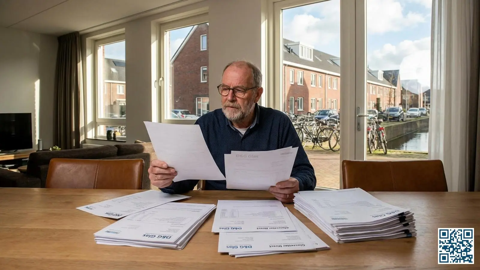 Nederlandse huiseigenaar vergelijkt meerdere offertes voor HR-glas aan de eettafel in een lichte woonkamer