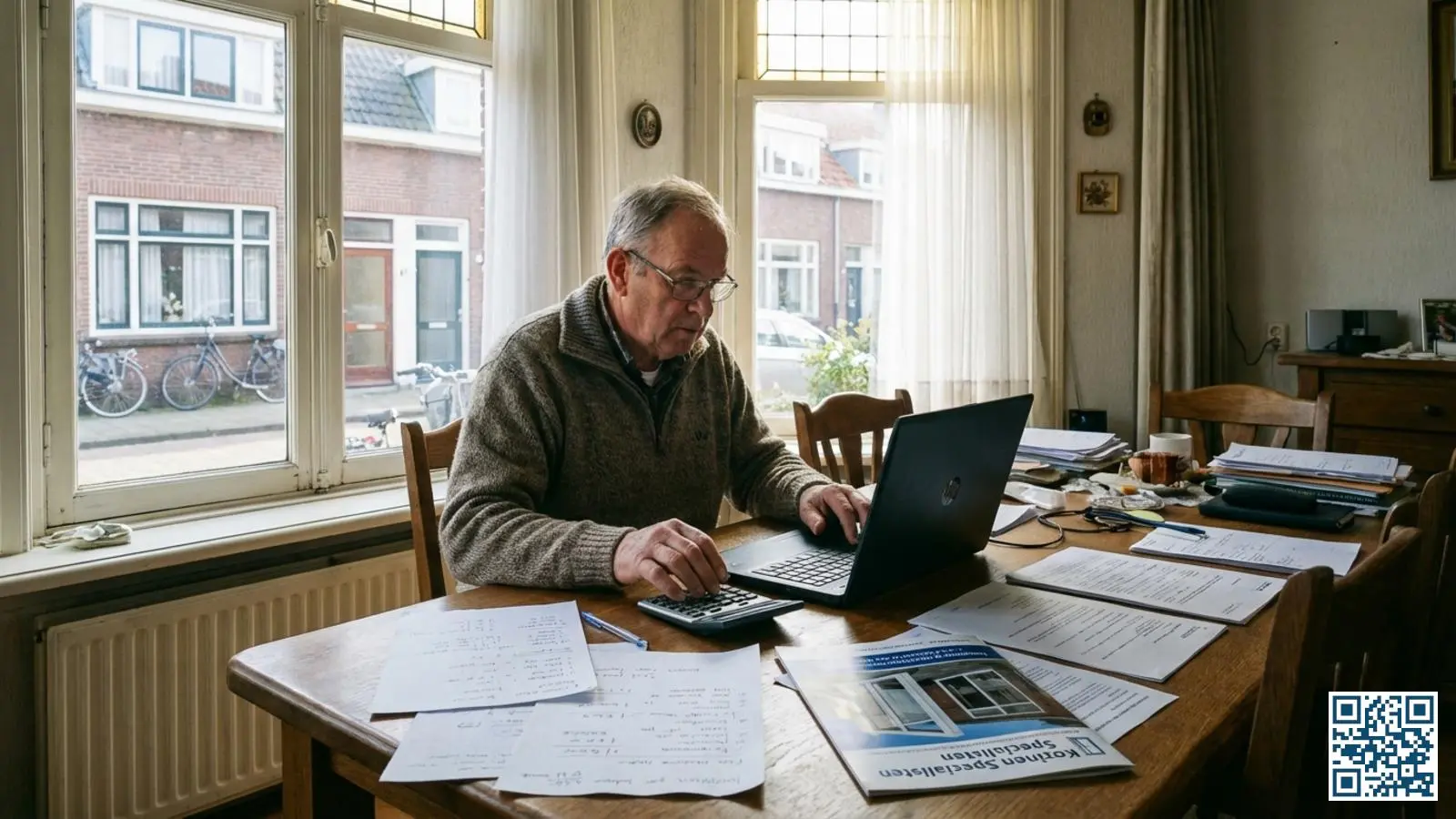 Woningeigenaar berekent de kosten voor HR-glas vervanging met laptop en papieren op tafel