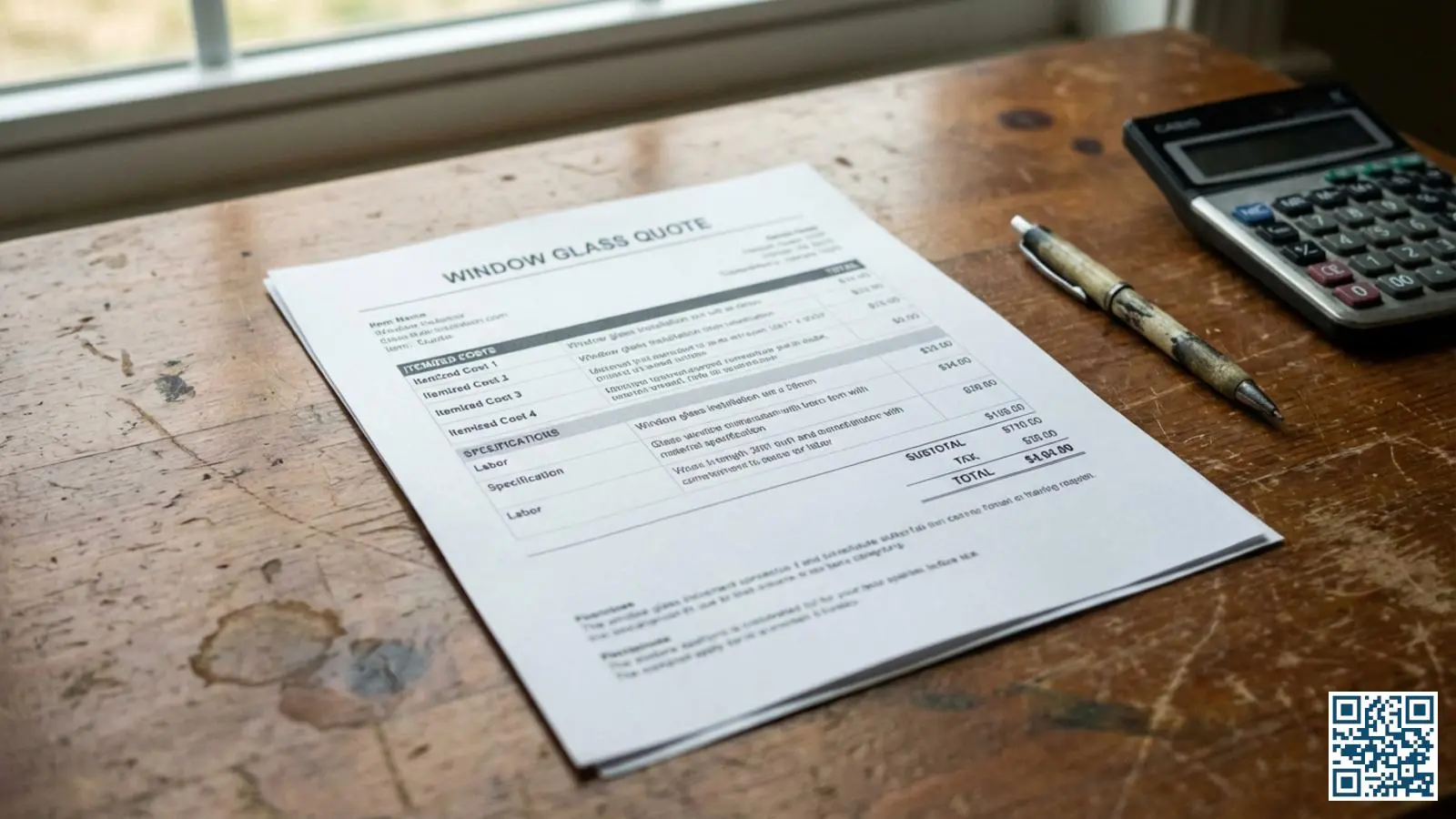 Close-up van een gedetailleerde offerte voor HR-glas vervanging met kostenposten en specificaties op een houten tafel