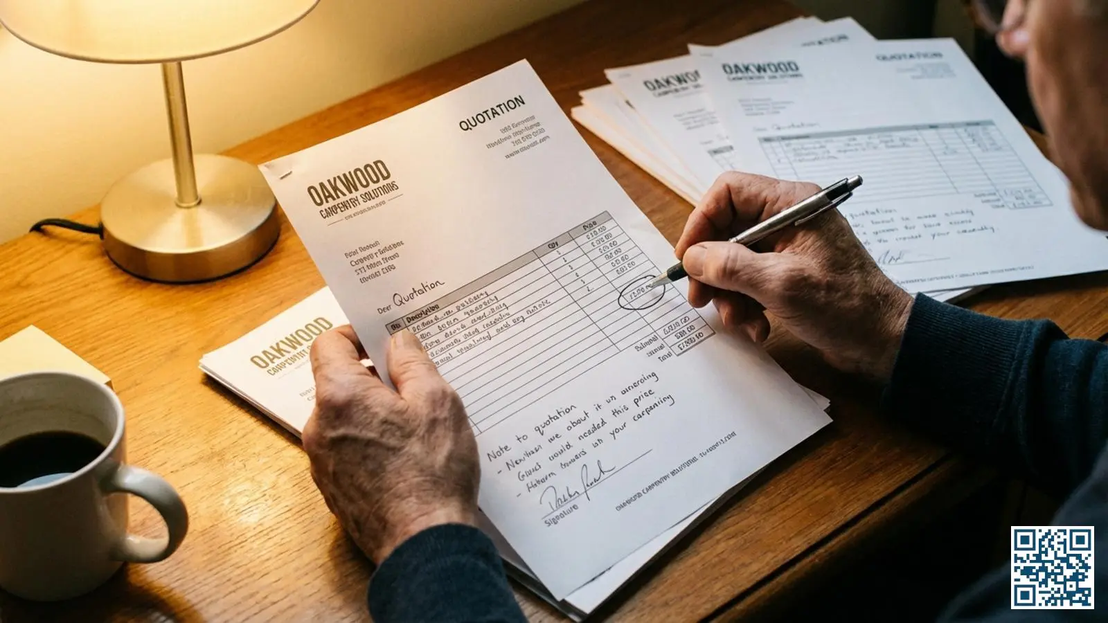 Persoon maakt definitieve keuze en ondertekent de beste glasofferte aan bureau thuis