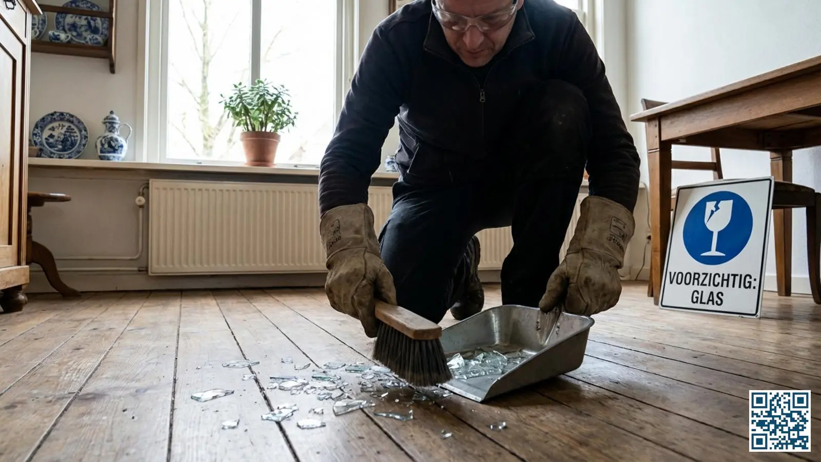 Persoon met werkhandschoenen veegt glasscherven op van de vloer met stoffer en blik