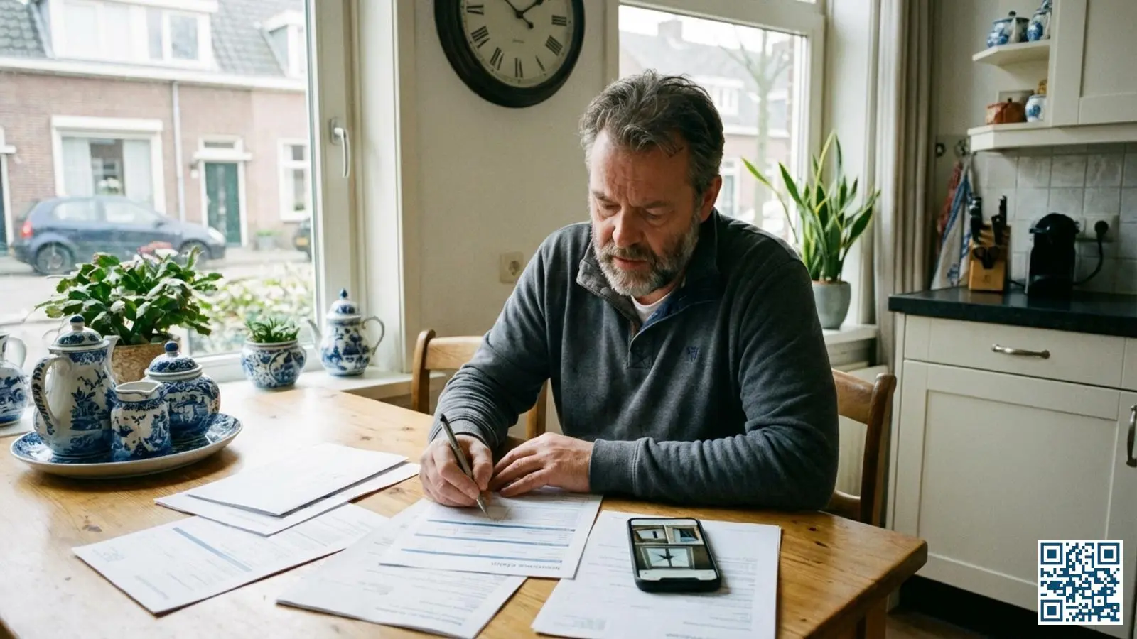 Huiseigenaar vult aan de keukentafel een schadeformulier in voor de glasverzekering