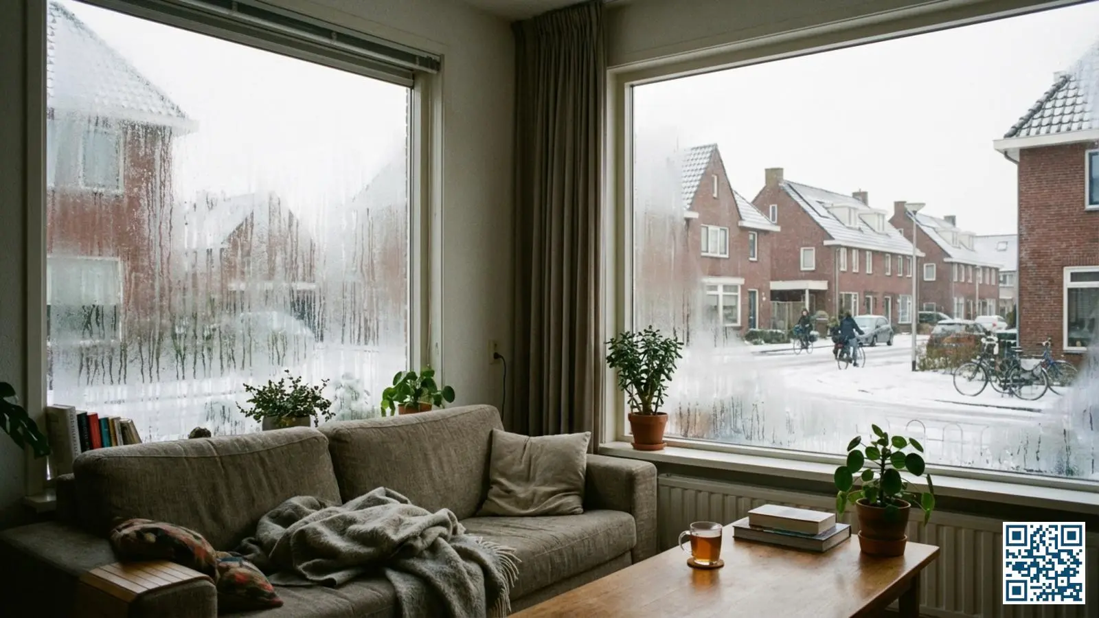 Woonkamer met beslagen ramen door hoge luchtvochtigheid op een koude winterdag