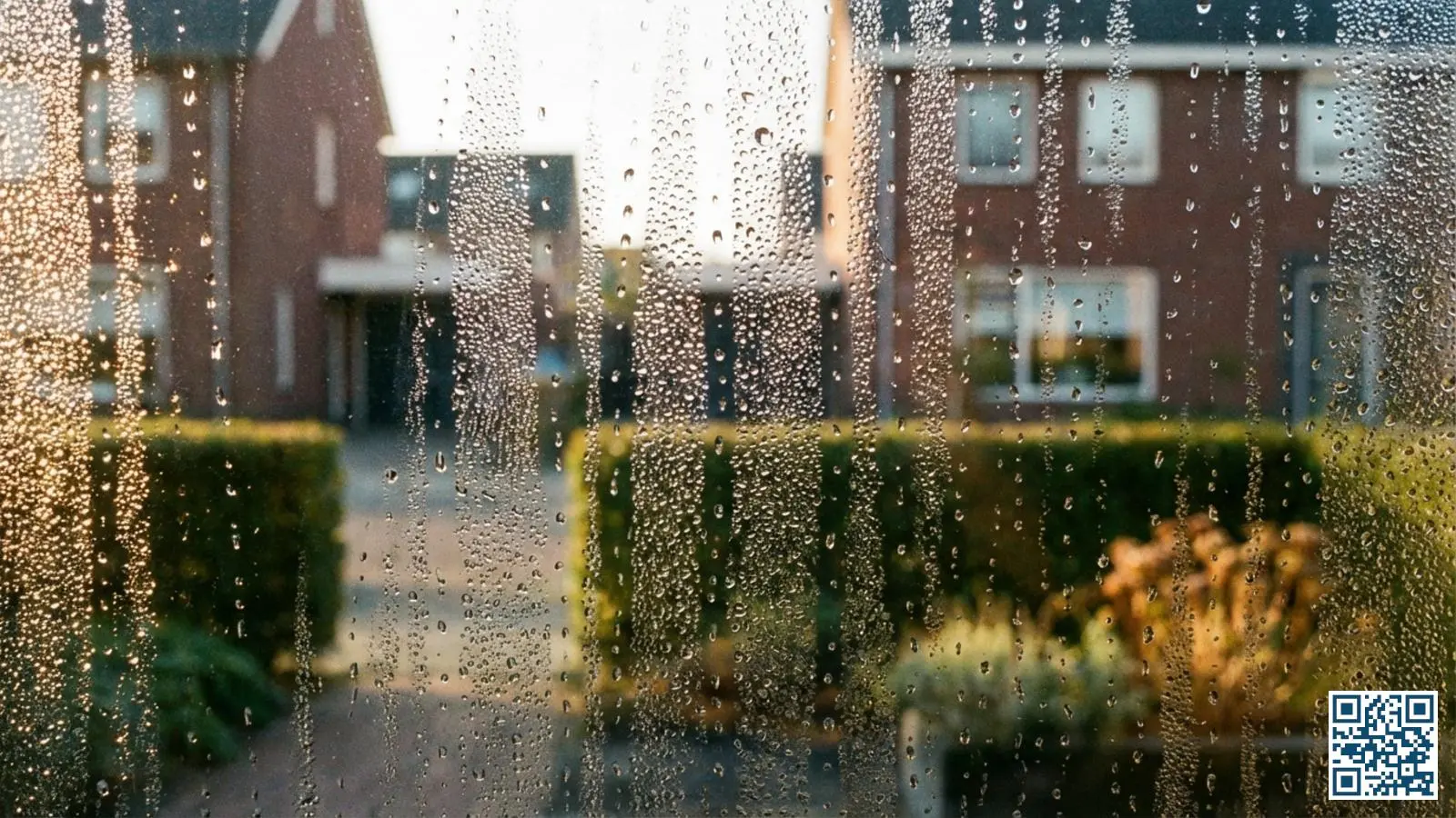 Close-up van dauwdruppels aan de buitenkant van isolerend HR-glas met wazig zicht op een tuin op de achtergrond