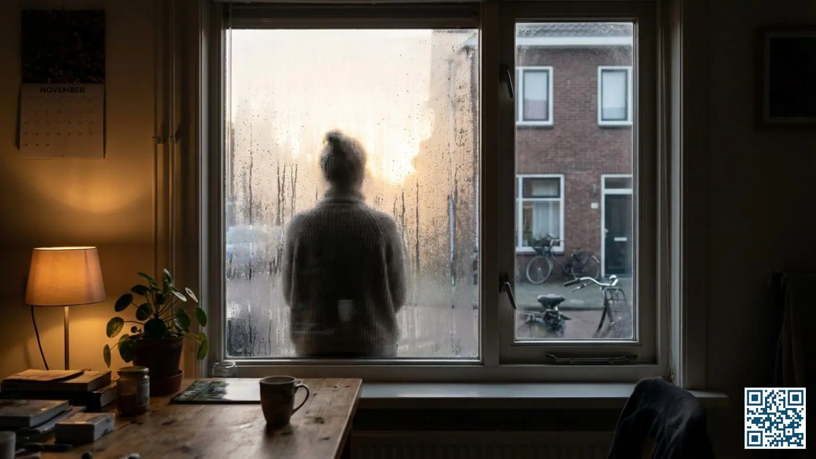 Condensdruppels op de binnenkant van een HR-glas raam in een Nederlandse woonkamer op een koude ochtend