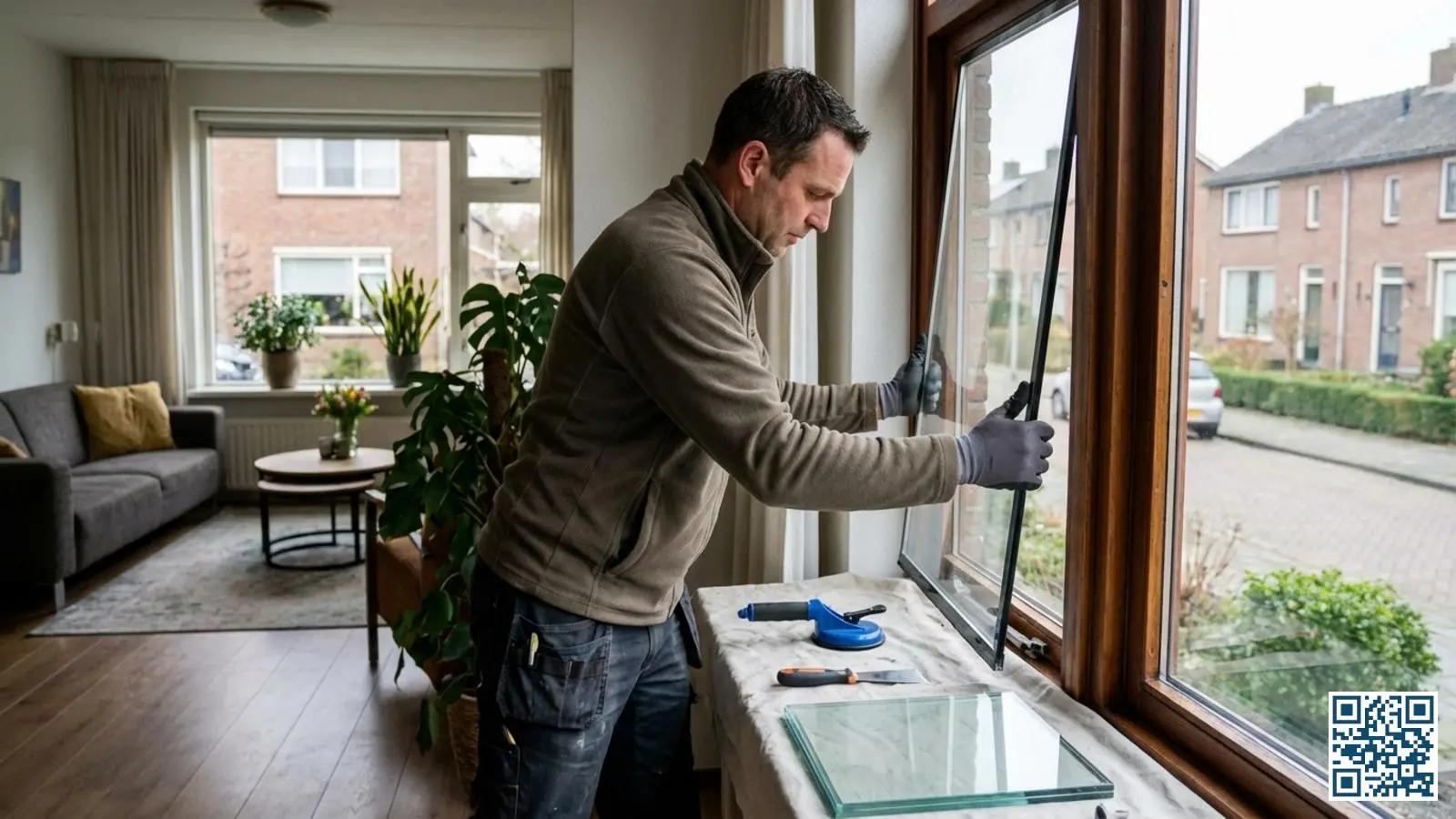 Professionele glaszetter die een defecte HR-glas unit vervangt in een Nederlands woonhuis bij daglicht