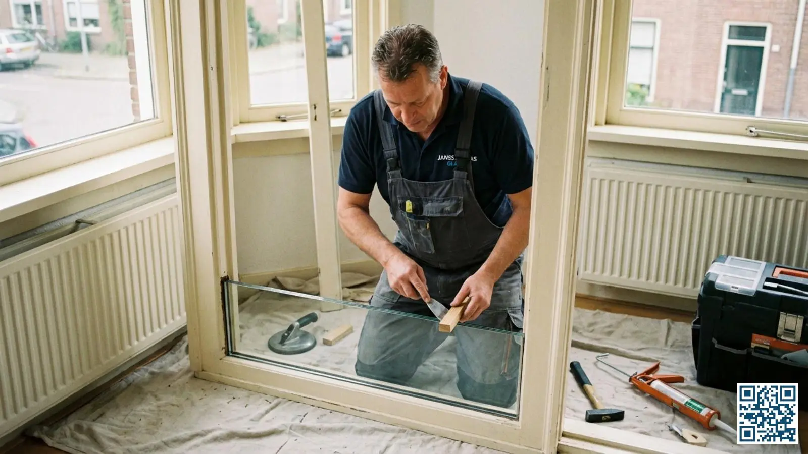 Vakkundige glaszetter plaatst een nieuwe glasunit in een bestaand houten kozijn van een Nederlandse woning