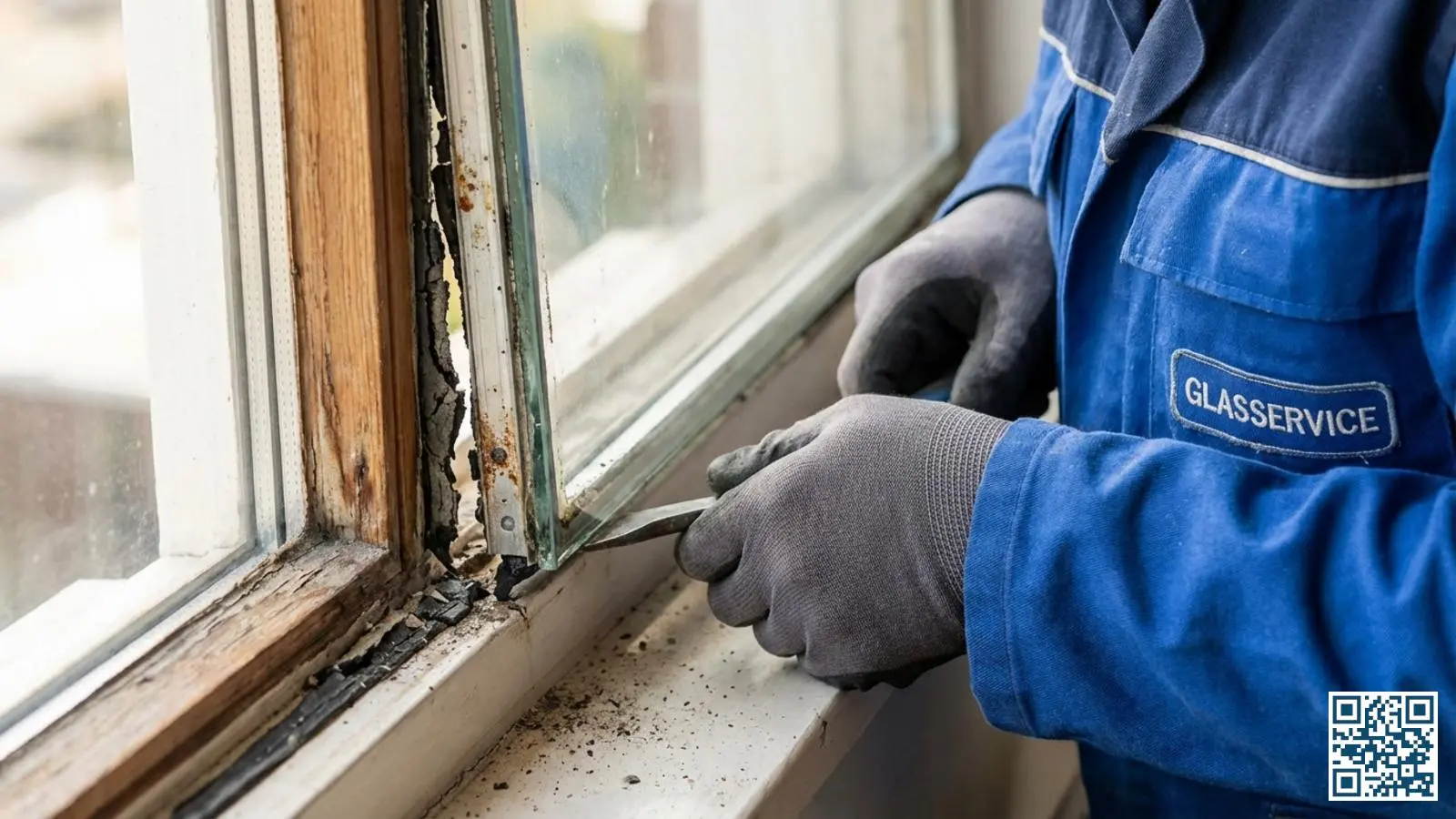 Detail van een lekke glasunit met zichtbaar beschadigde en verouderde butyl randafdichting rond de spacer