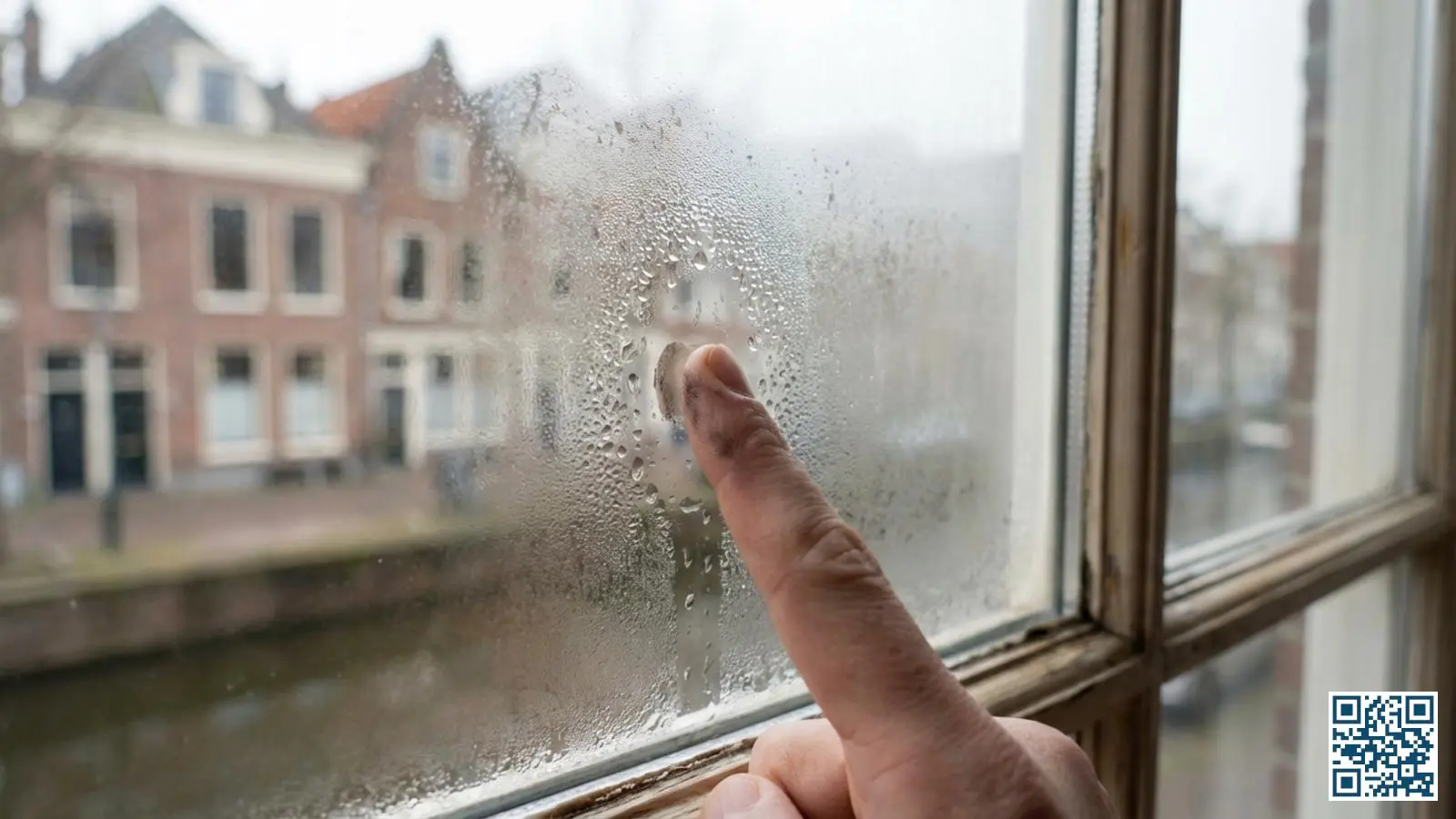 Hand die met een vinger over condensdruppels op een dubbel glas raam veegt om de locatie te bepalen