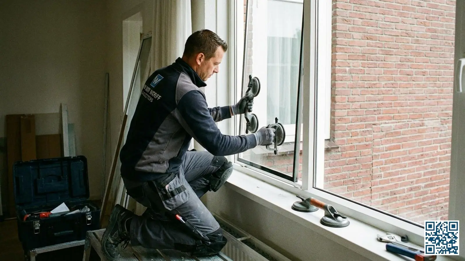 Professionele glaszetter plaatst zorgvuldig een HR-glasunit in een wit kunststof kozijn van een Nederlandse woning