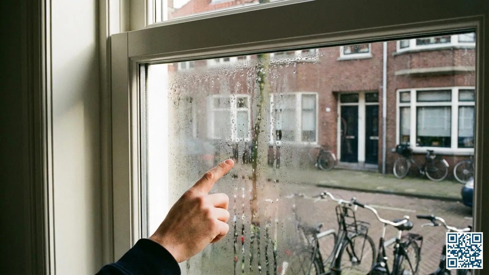 Close-up van HR-glas inspectie waarbij condensatie tussen de glasplaten zichtbaar is als teken van een defecte afdichting