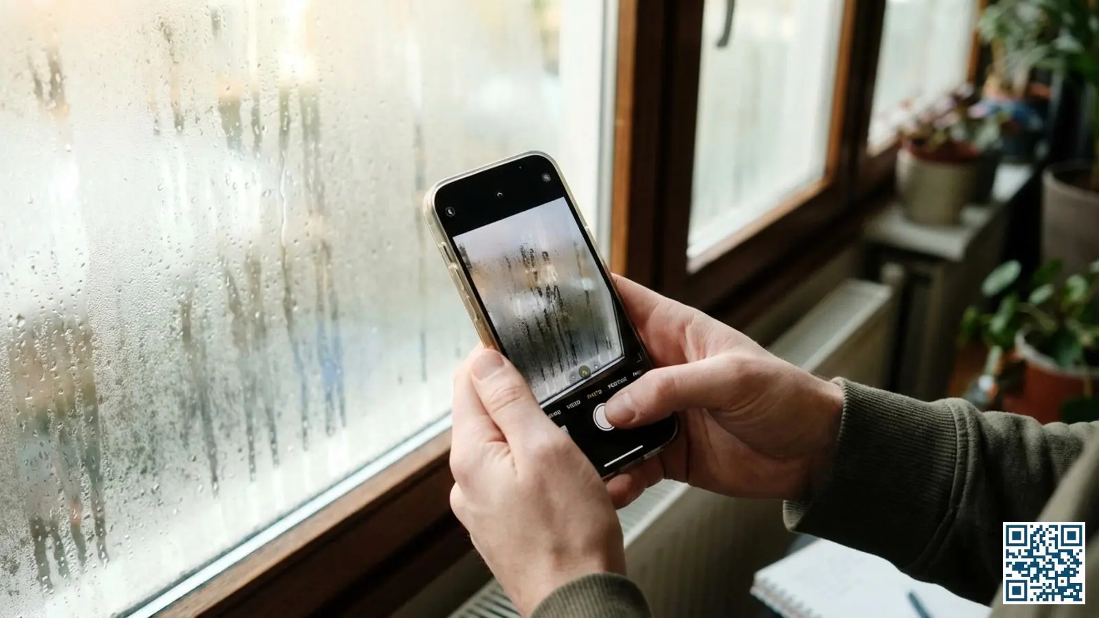 Persoon fotografeert met smartphone condens tussen de glasplaten van een raam voor garantieclaim documentatie