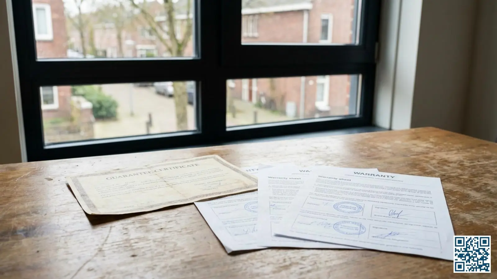 Garantiedocumenten en certificaat op tafel met modern HR-glas raam zichtbaar op de achtergrond